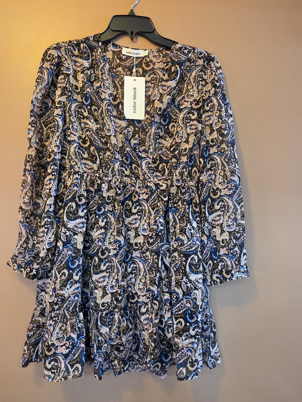 Color Block Womens Black & Blue Paisley V-Neck Dress